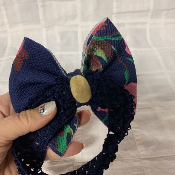 Infant Headband Navy Band Navy With Pink Floral Bow Size Newborn B302 - Picture 7 of 9